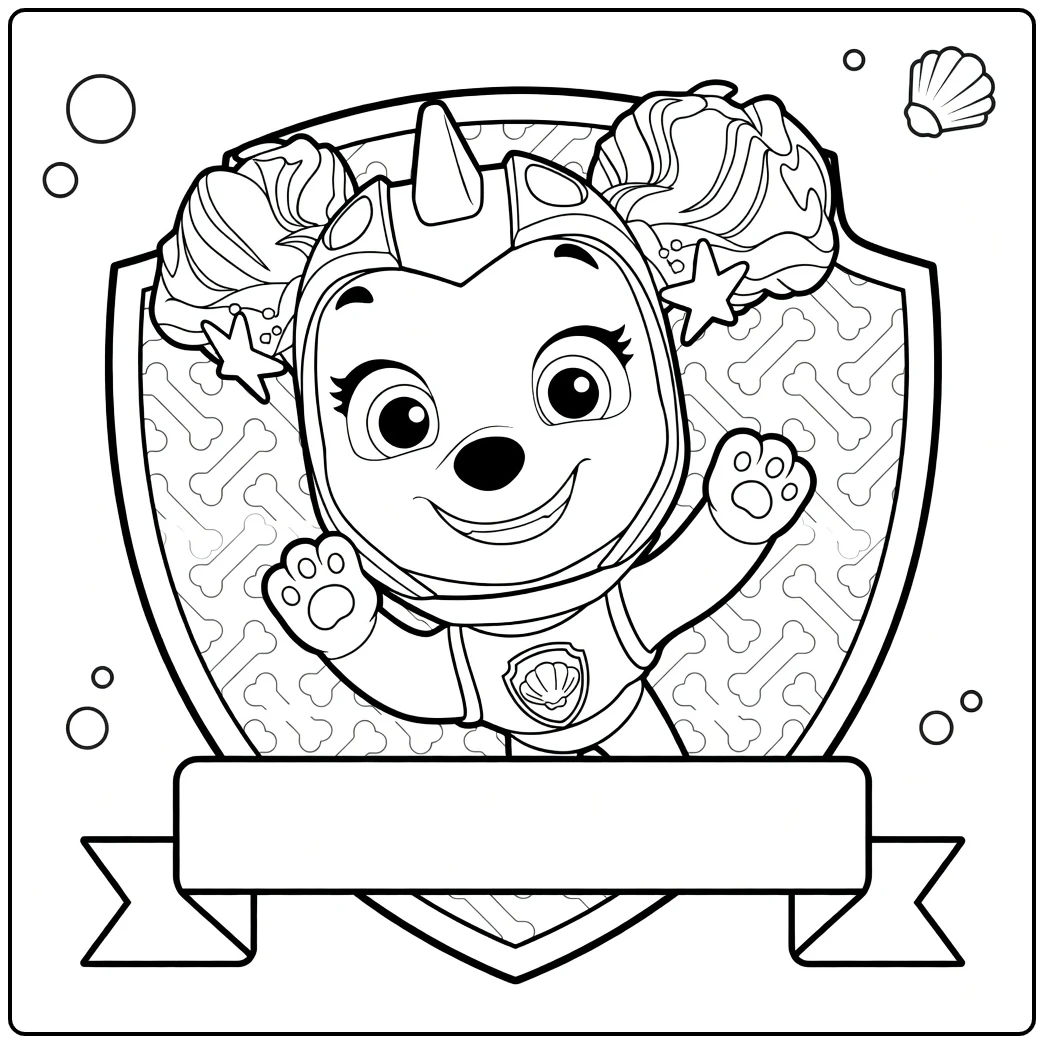 al Paw patrol kleurplaat van een antropomorfe hond met paarse helm en kleurrijke staarten
