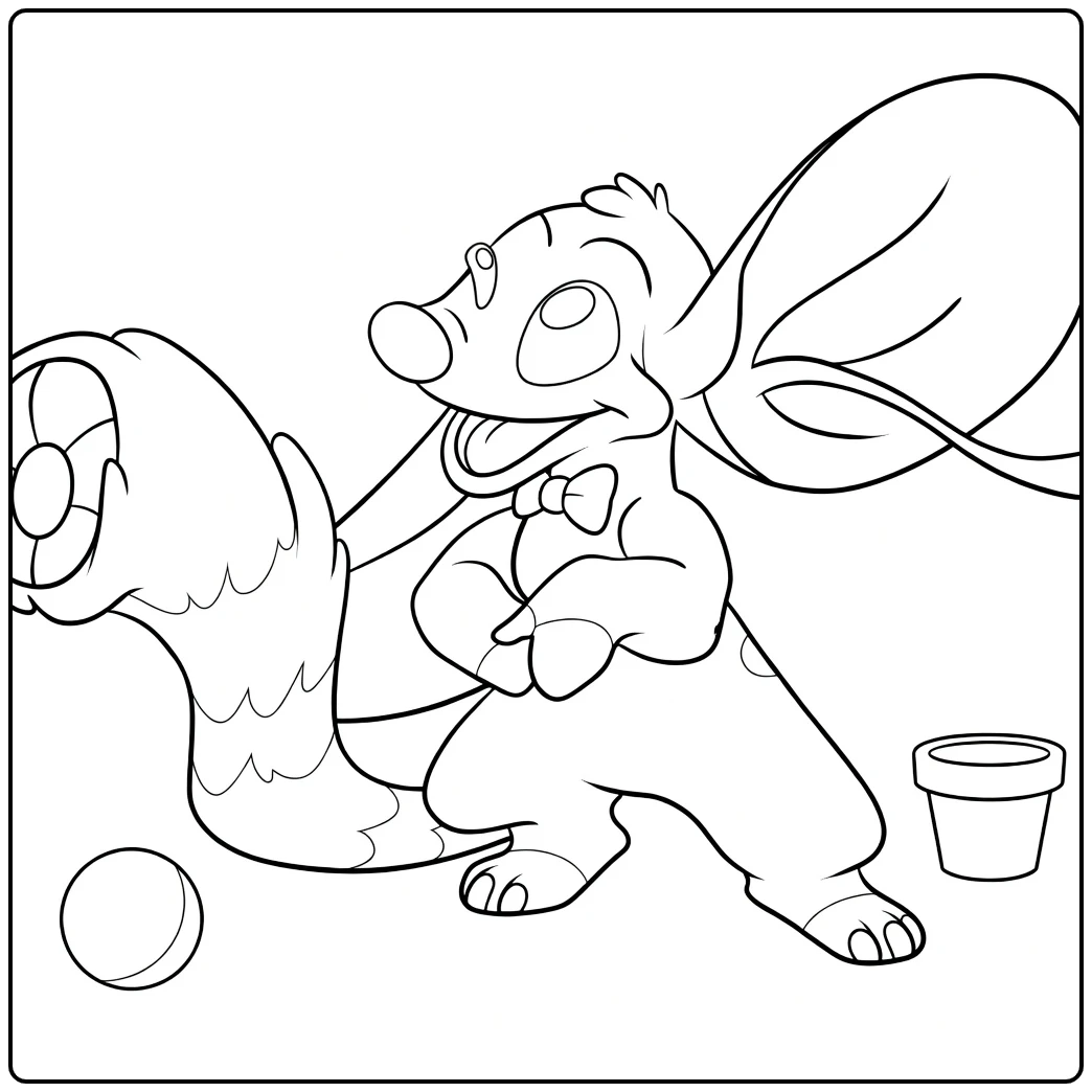 Stitch Experimenten Kleurplaat met een bipedale vachtdier in dynamische pose, één been geheven en armen gekruist.