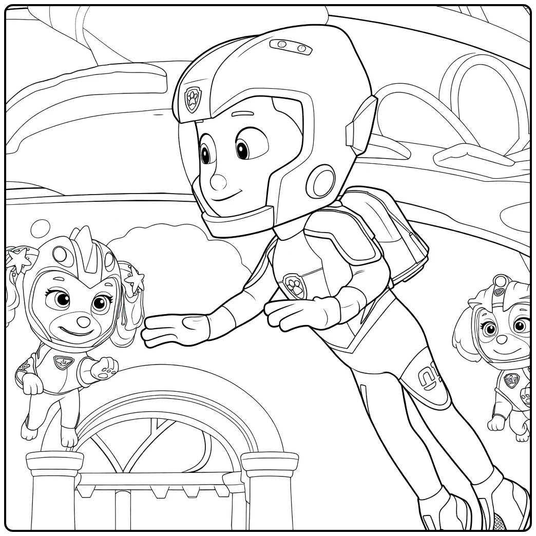 Paw Patrol Seizoen 9 Kleurplaat met een jongen in helm die vooruit reikt naast twee dierenfiguren