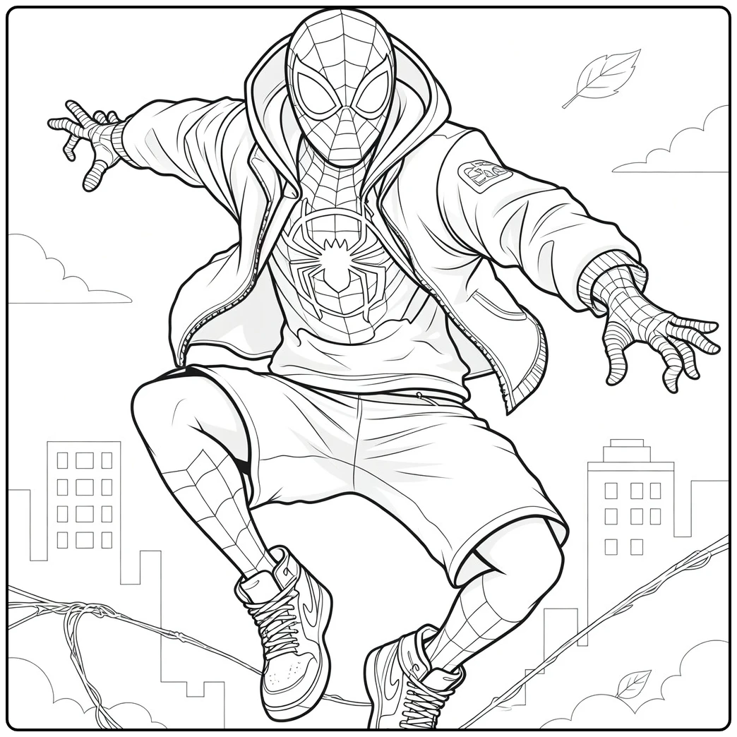 Gemaskerde figuur in dynamische sprong met webpak en open jas Spider Man Across the Spider Verse Kleurplaat