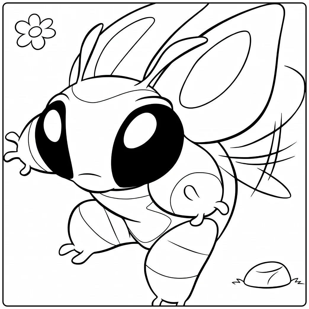 Stitch Experimenten Kleurplaat met een insectachtig wezen in sprong met gespreide vleugels en antennes