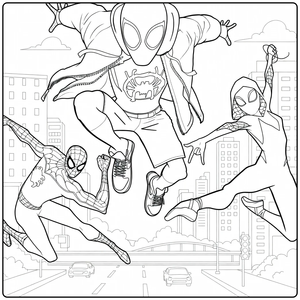 Drie figuren in webpakken die dynamisch springen en zwaaien boven een stad Spider Man Across the Spider Verse Kleurplaat