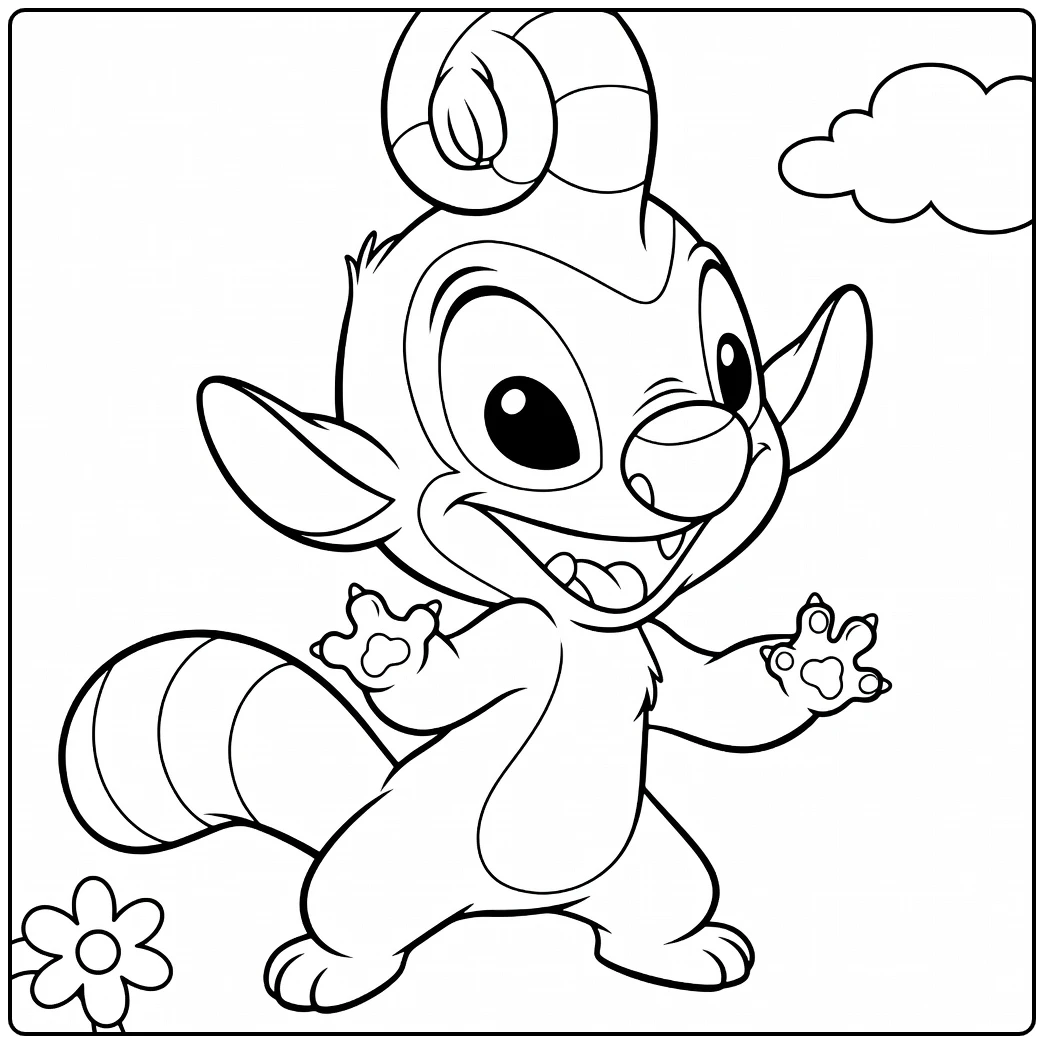 Stitch Experimenten Kleurplaat met een antropomorf dier in dynamische pose met gestreepte staart en grote oren
