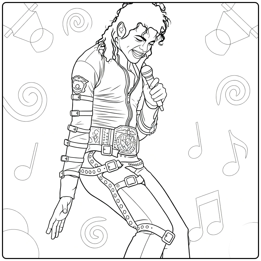 Zanger met krullend haar leunt voorover en zingt in een microfoon op deze michael jackson kleurplaat