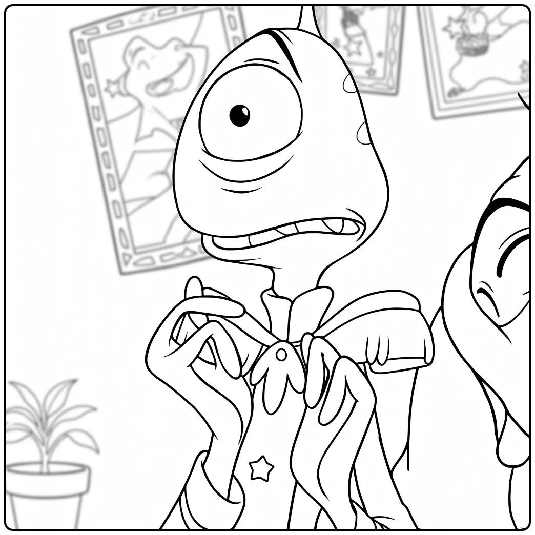 Een eenogig wezen met gestippelde huid en blauwe jas houdt een gele strik vast Pleakley Kleurplaat