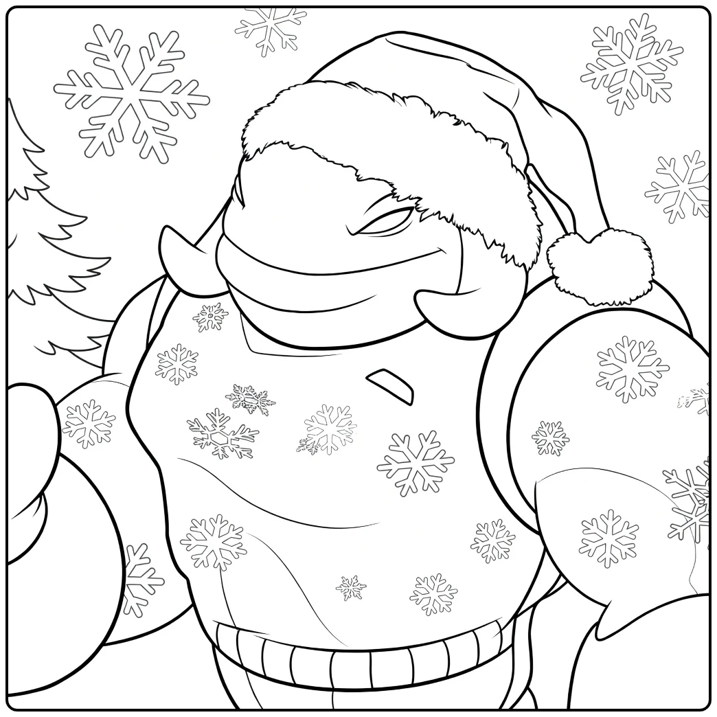 Captain Gantu Kleurplaat met een reptielachtig wezen in een rode kerstmuts en rugzak tussen sneeuwvlokken