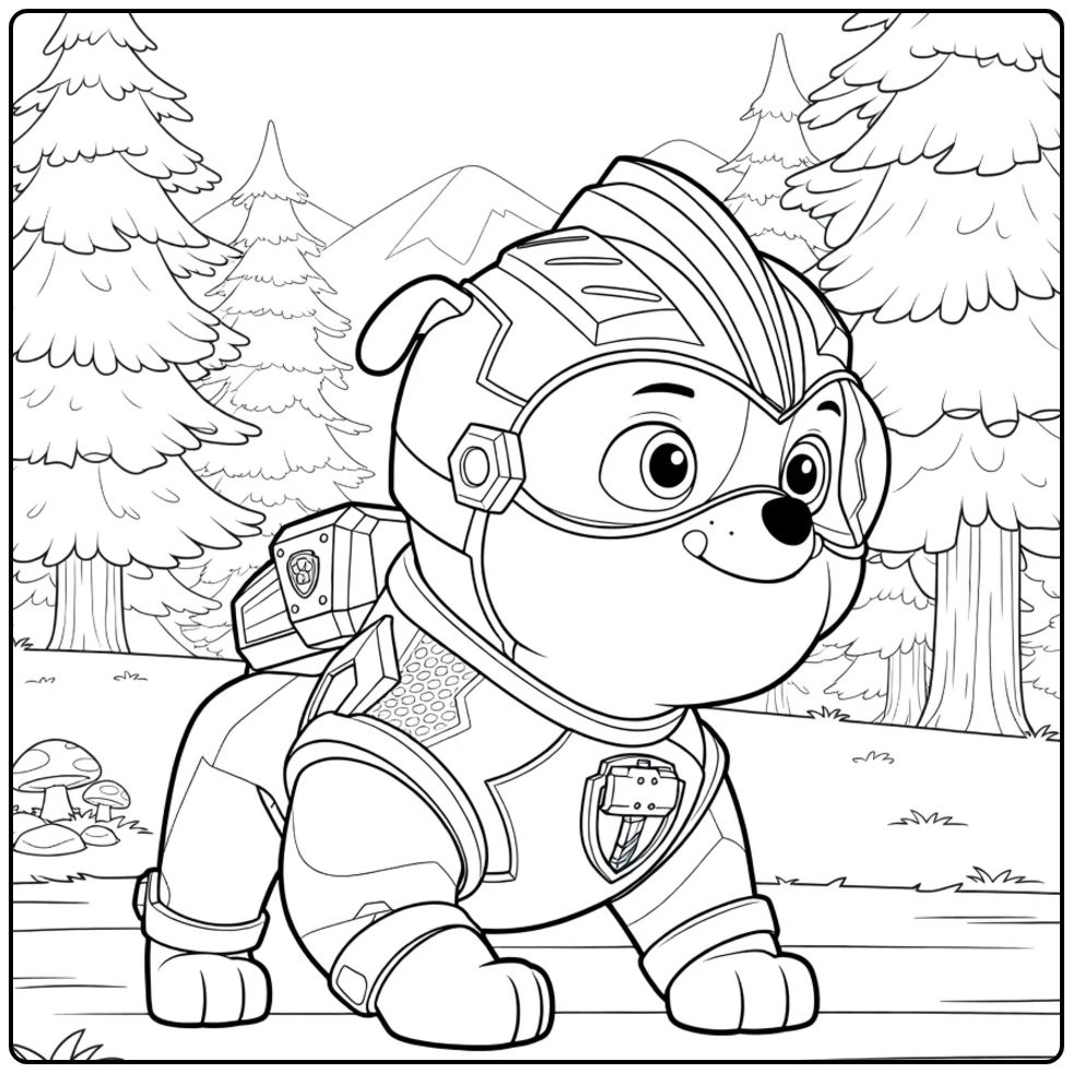 Paw Patrol Seizoen 7 Kleurplaat van een antropomorfe hond in geel-zwart harnas met oranje vizier die voorover leunt op vier poten tussen dennenbomen.