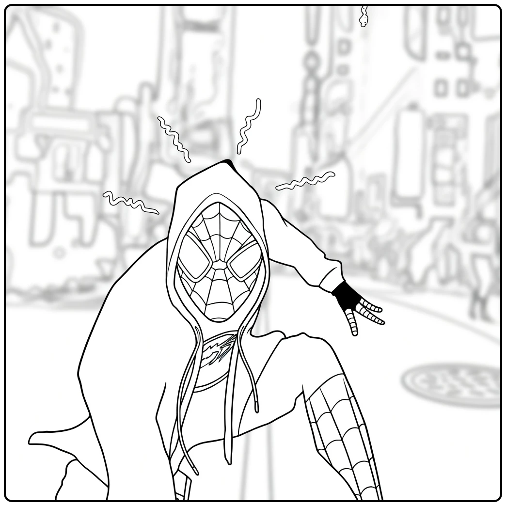 Spider Man Across the Spider Verse Kleurplaat met een gehurkte held in hoodie en webmasker
