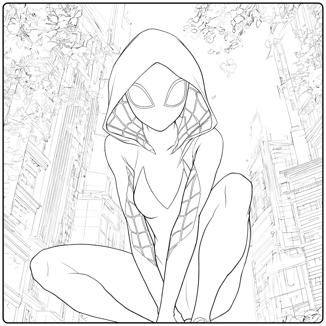 Gehurkte held met witte kap en roze webpatronen op een stadsachtergrond met bloesembomen Spider Man Across the Spider Verse Kleurplaat