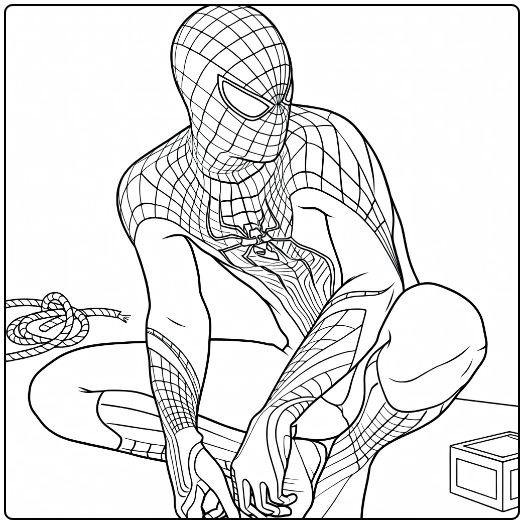 Spiderman Kleurplaat van een gehurkte held in een webpak met masker en grote ogen