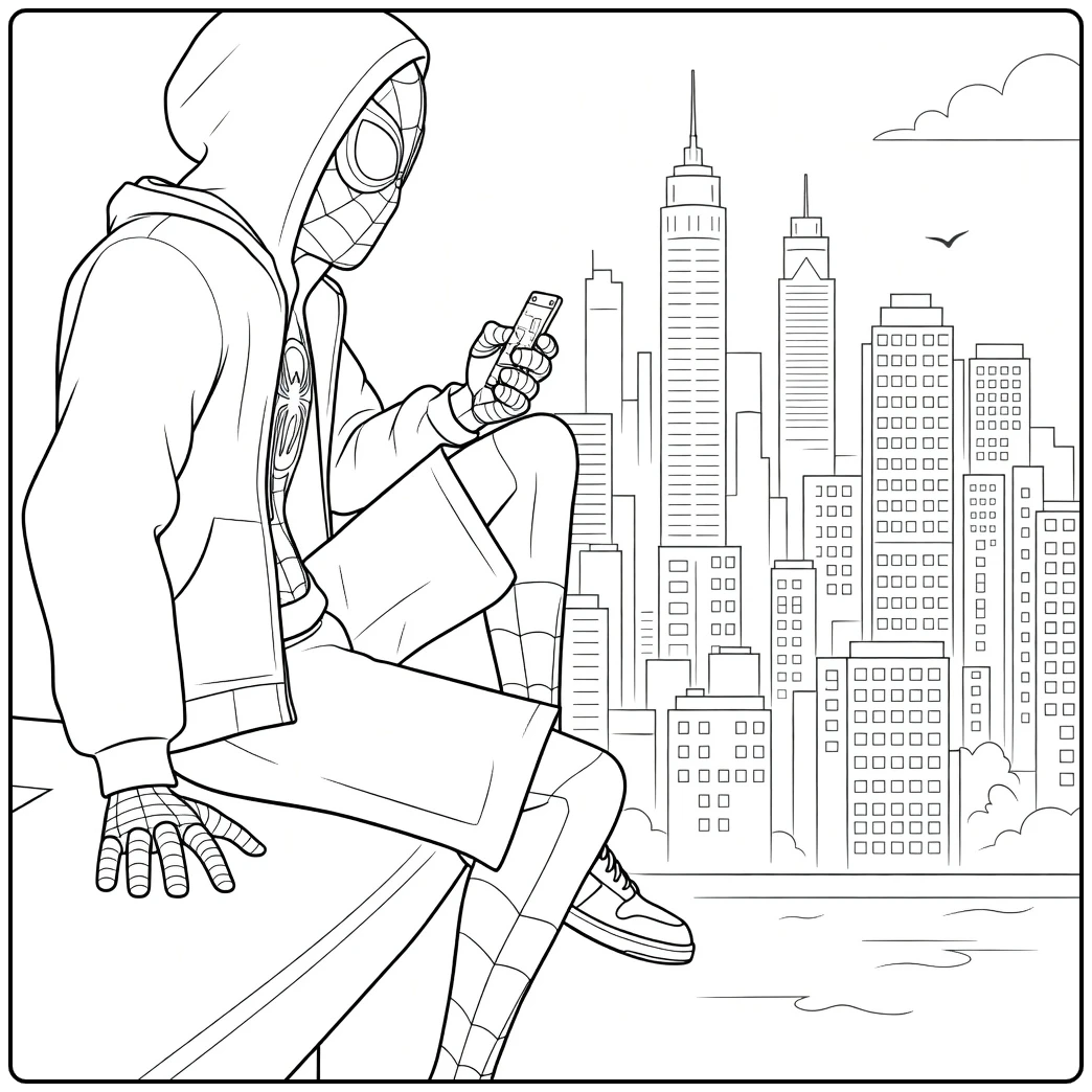 Gemaskerde figuur zittend op een richel met smartphone en skyline op de achtergrond Spider Man Across the Spider Verse Kleurplaat