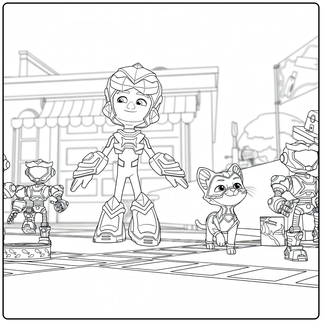 Gepantserd kind met uitgestrekte armen naast een paarse kat en kleine robots Paw Patrol Seizoen 6 Kleurplaat