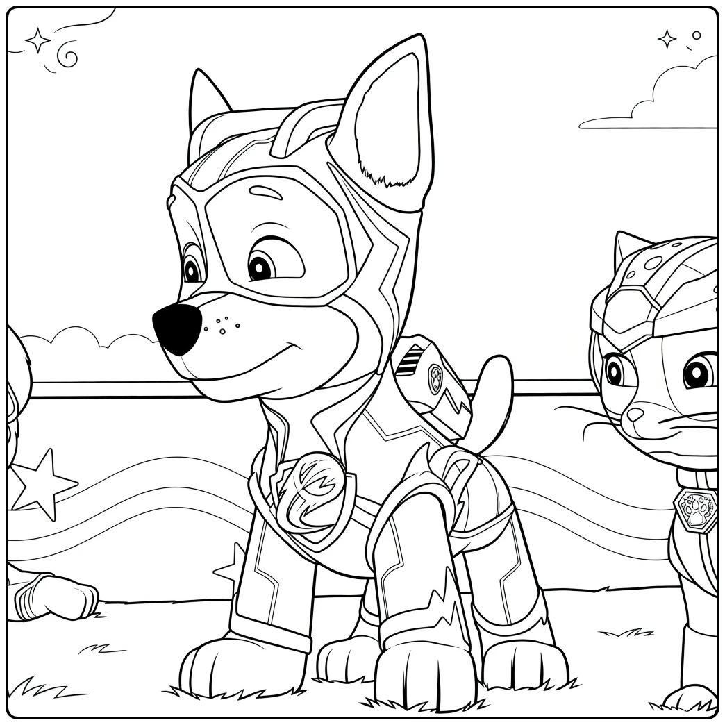 Paw patrol kleurplaat met een blauwe gepantserde hond die staat met een lichte glimlach