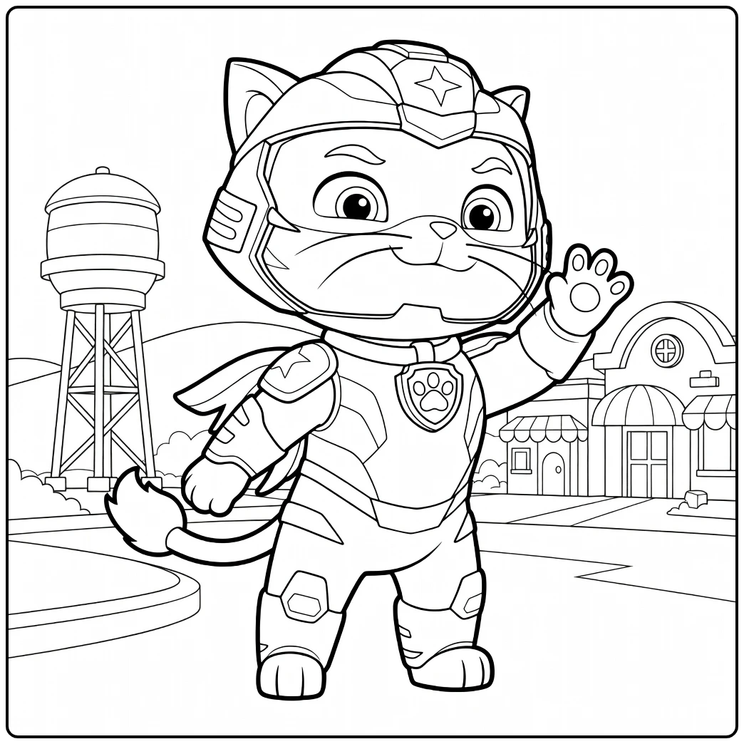 Gepantserde kat met helm en geheven poot op een kleurplaat leo paw patrol kleurplaat