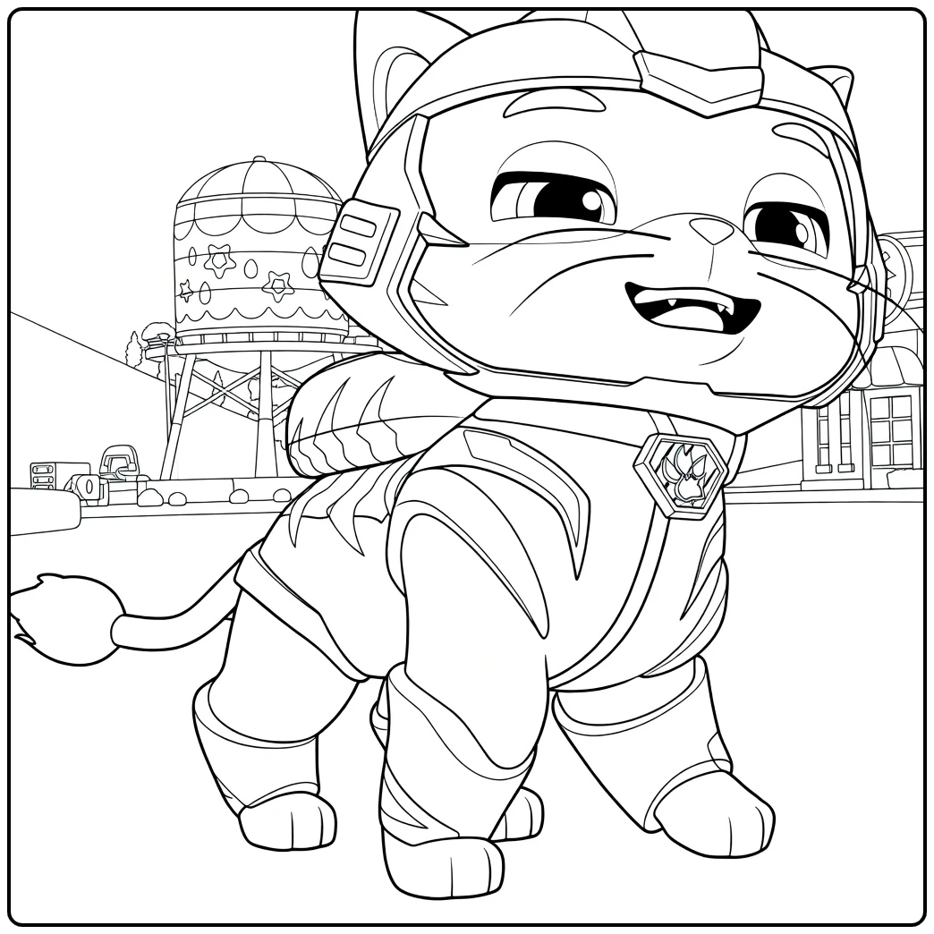 Anthropomorfe kat met gele helm en harnas in dynamische pose leo paw patrol kleurplaat
