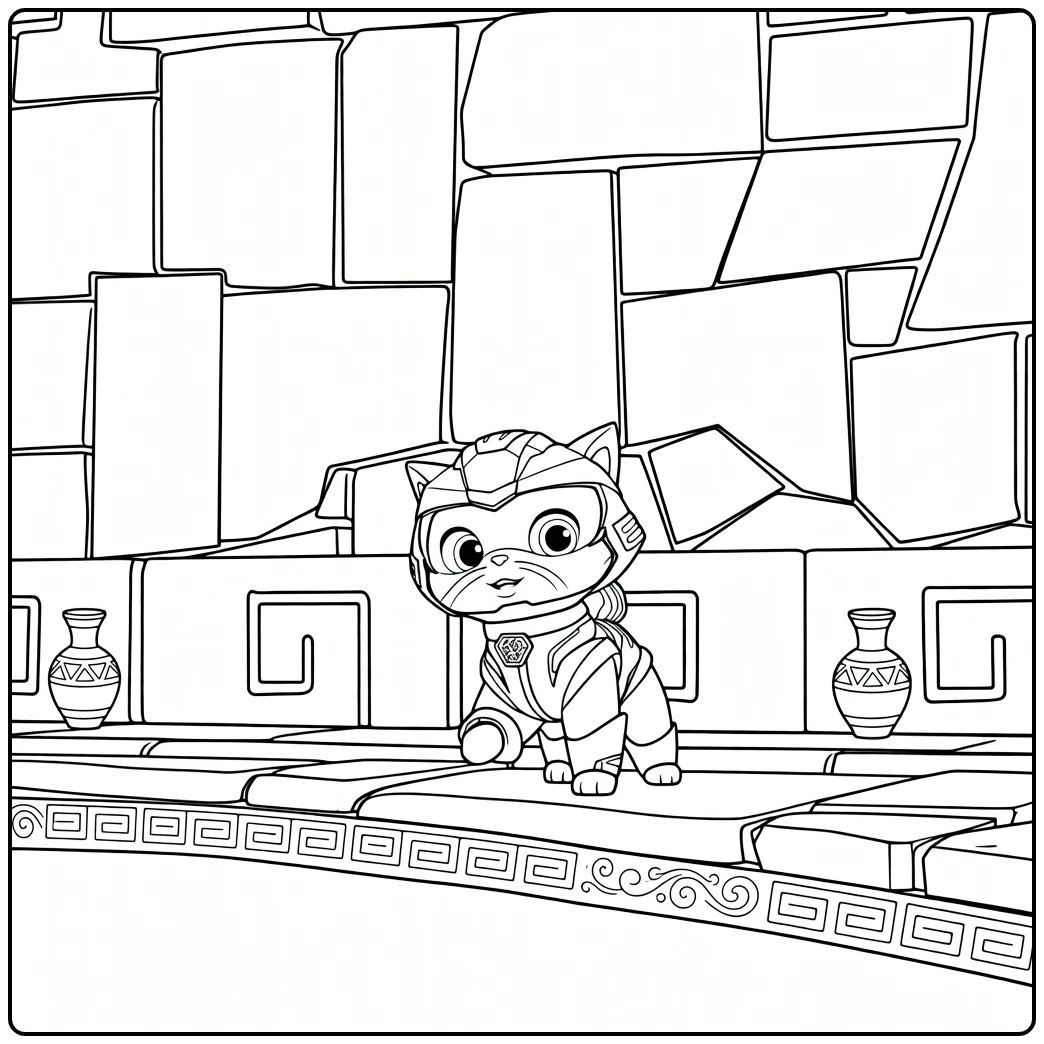 Gepantserde kat met helm op stenen richel leo paw patrol kleurplaat