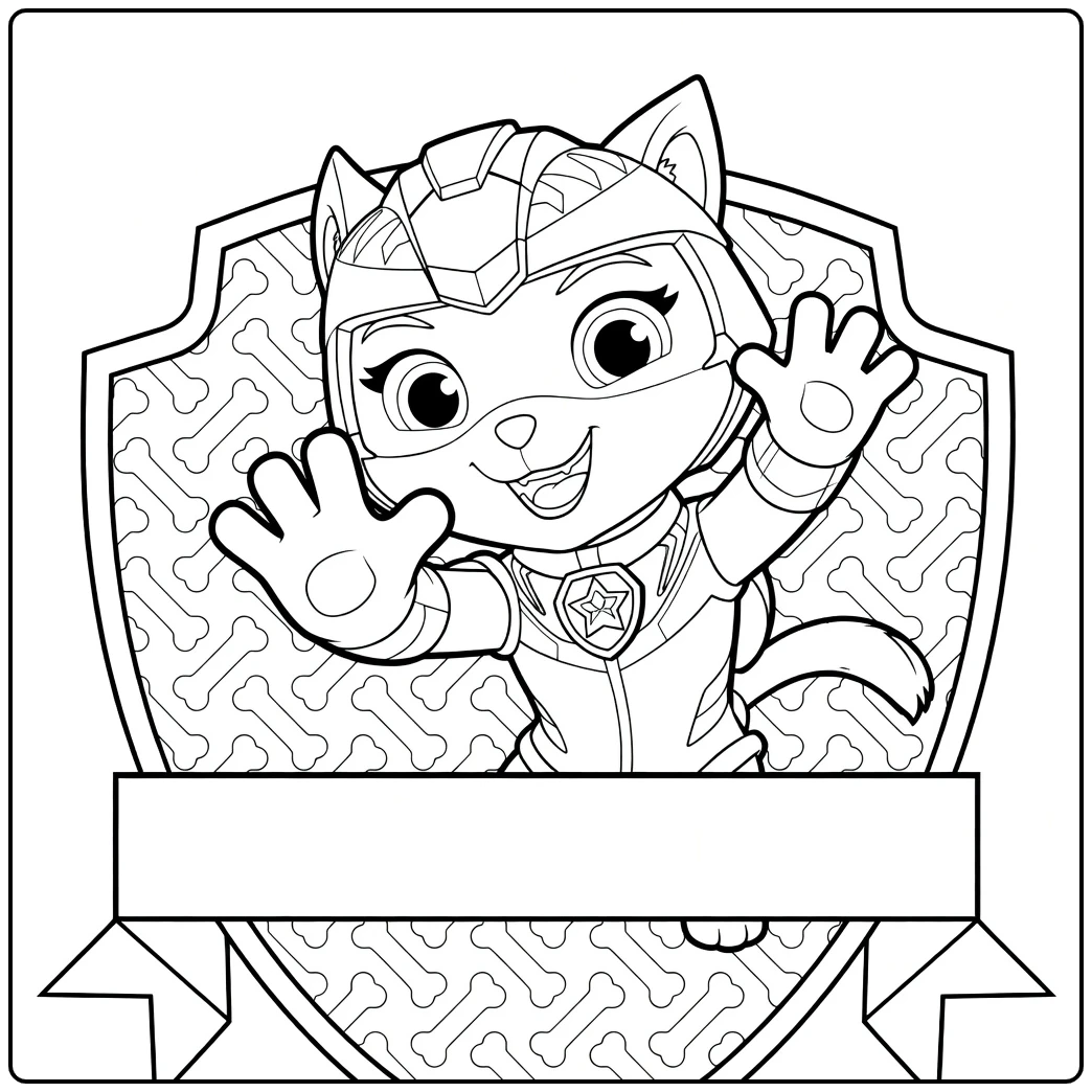Rory Paw Patrol Kleurplaat met een springende kat in harnas boven een schild met botpatroon