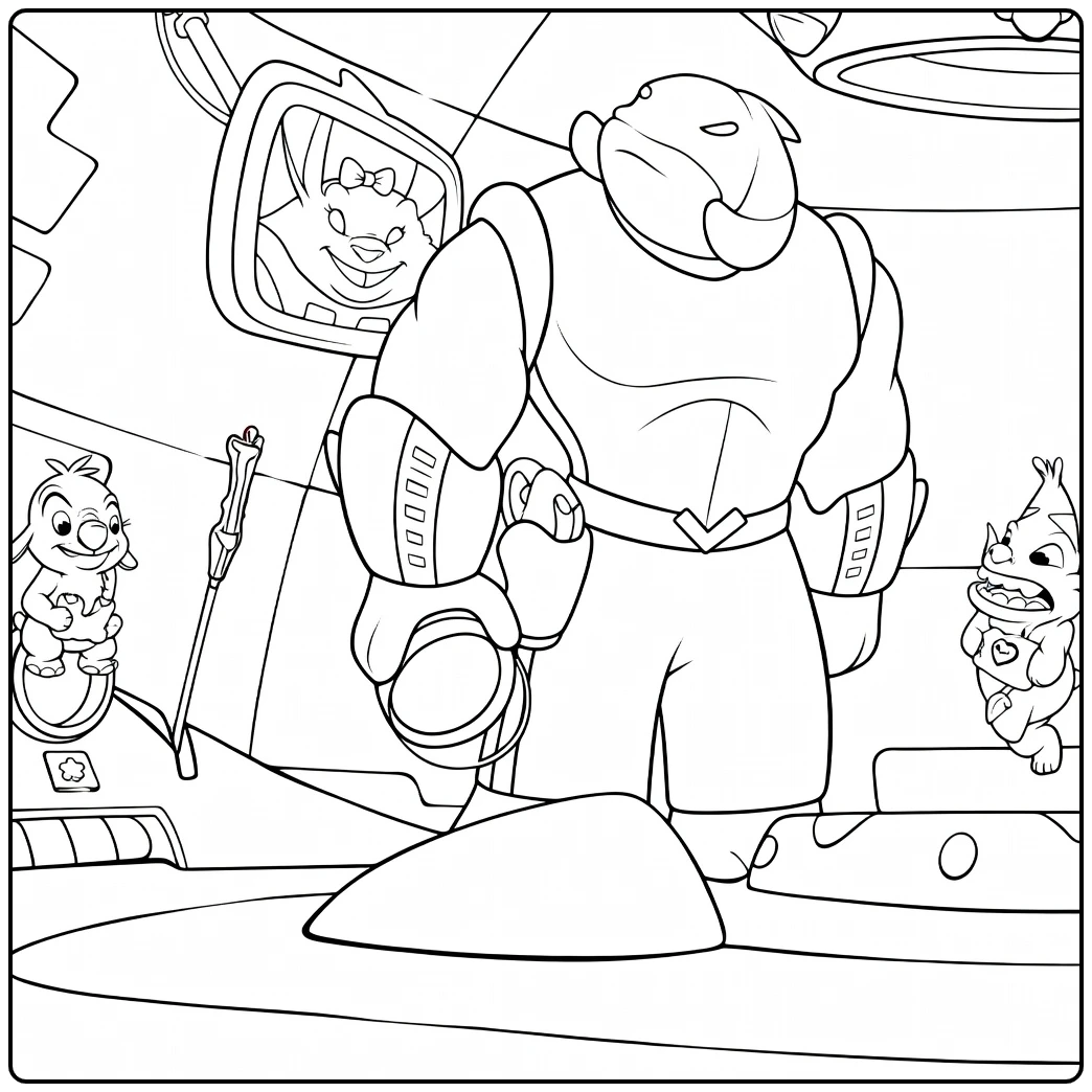 Captain Gantu Kleurplaat met grote gespierde alien en kleine wezens ernaast