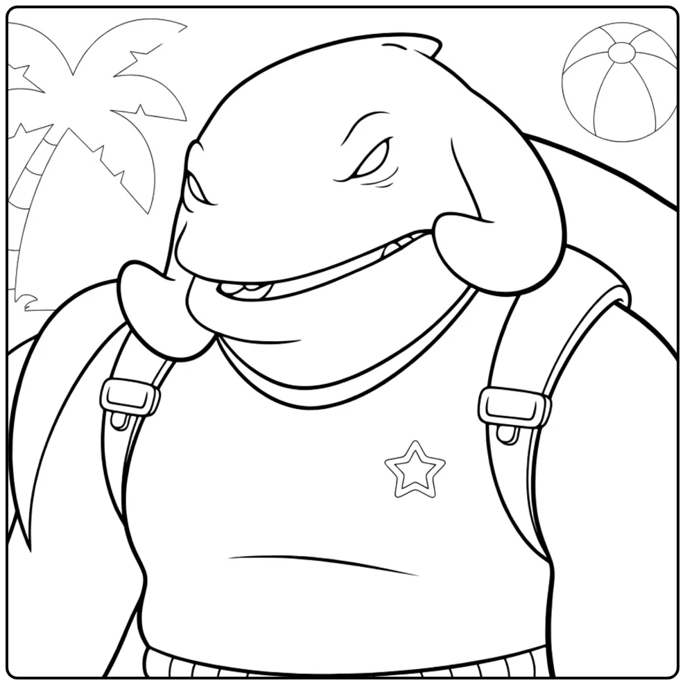 Gespierde haai Captain Gantu met getuite mond blauwe ogen en oranje banden Captain Gantu Kleurplaat