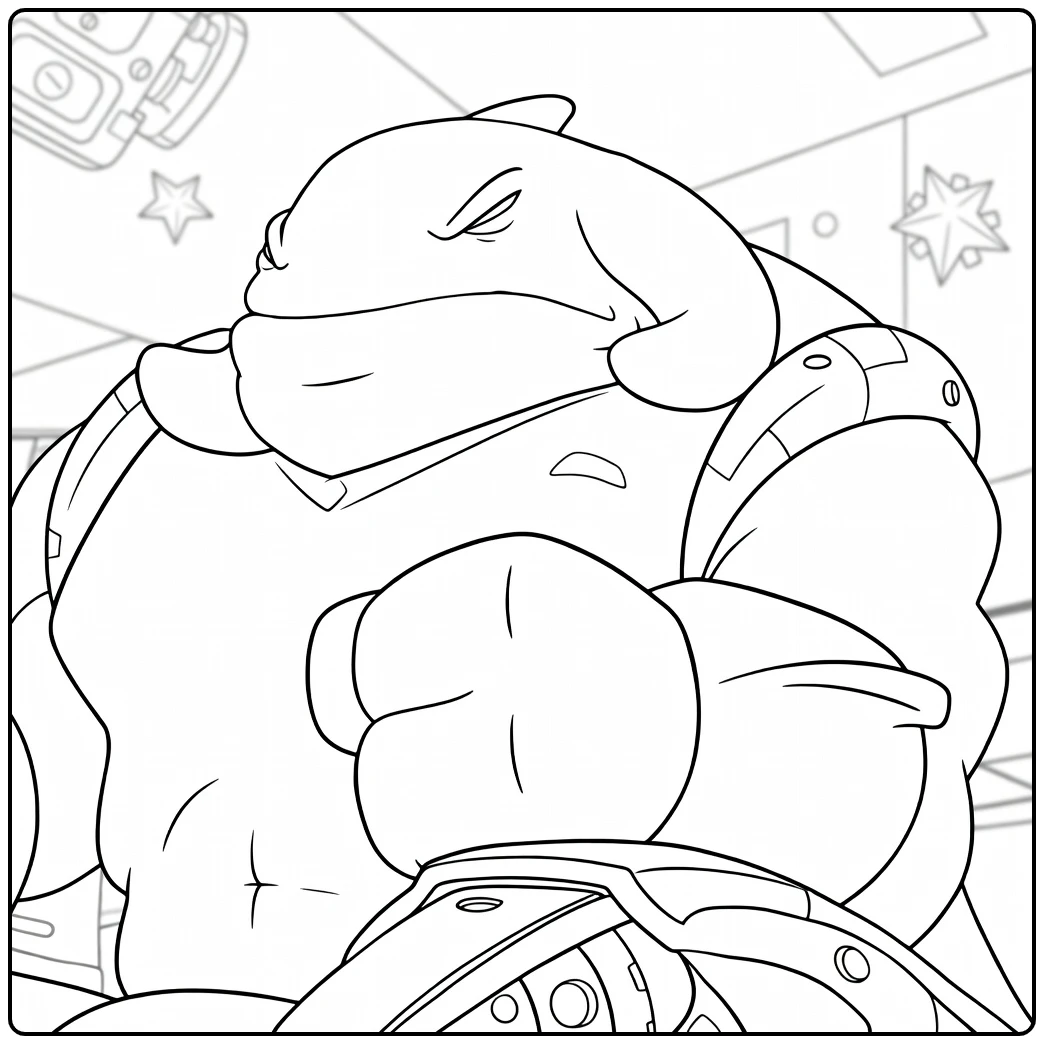 Captain Gantu Kleurplaat met een gespierde haaiachtige figuur in harnas die met vuist naar voren leunt.