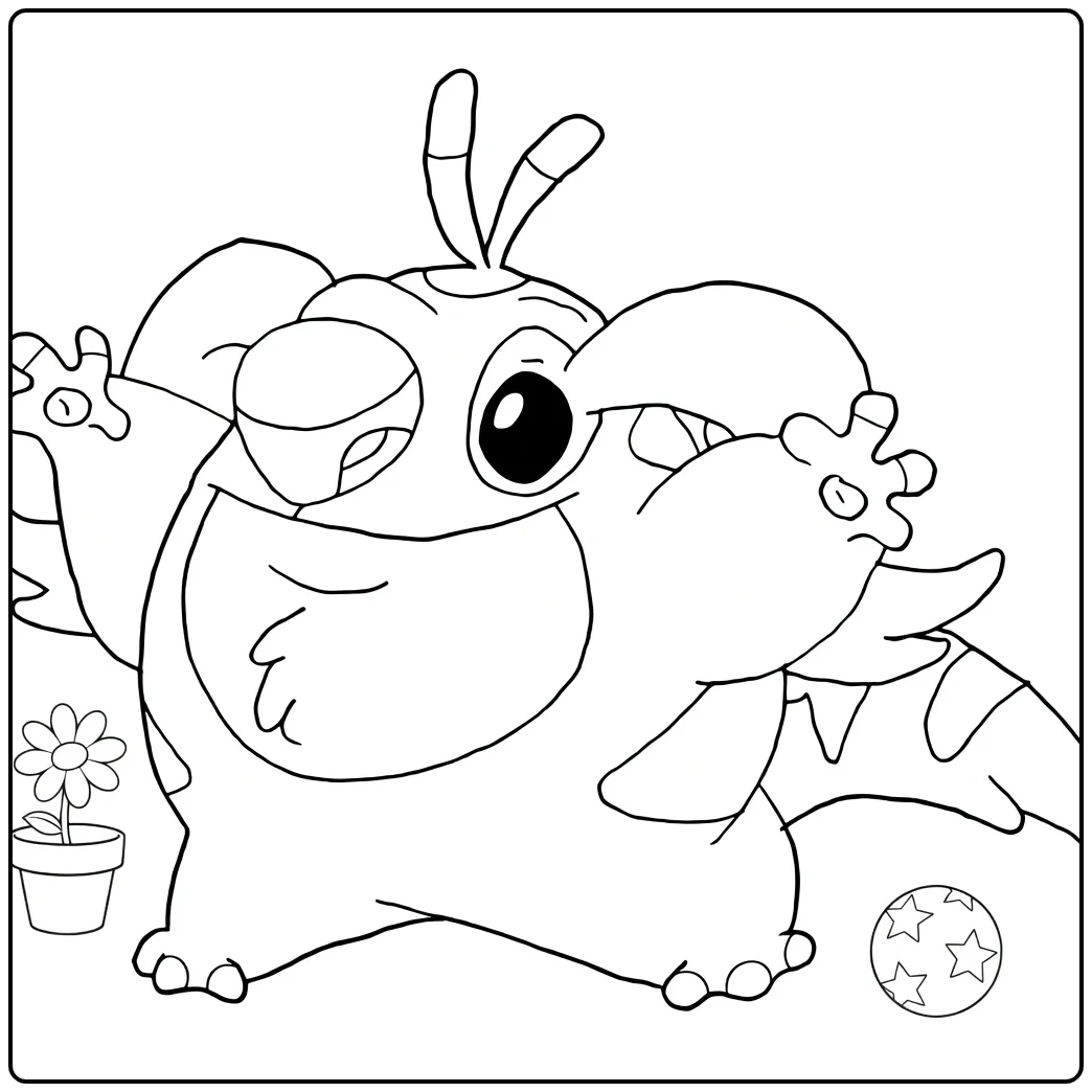 Stitch Experimenten Kleurplaat met een gestreept dier dat zijn armen opsteekt en een poot bij zijn gezicht houdt