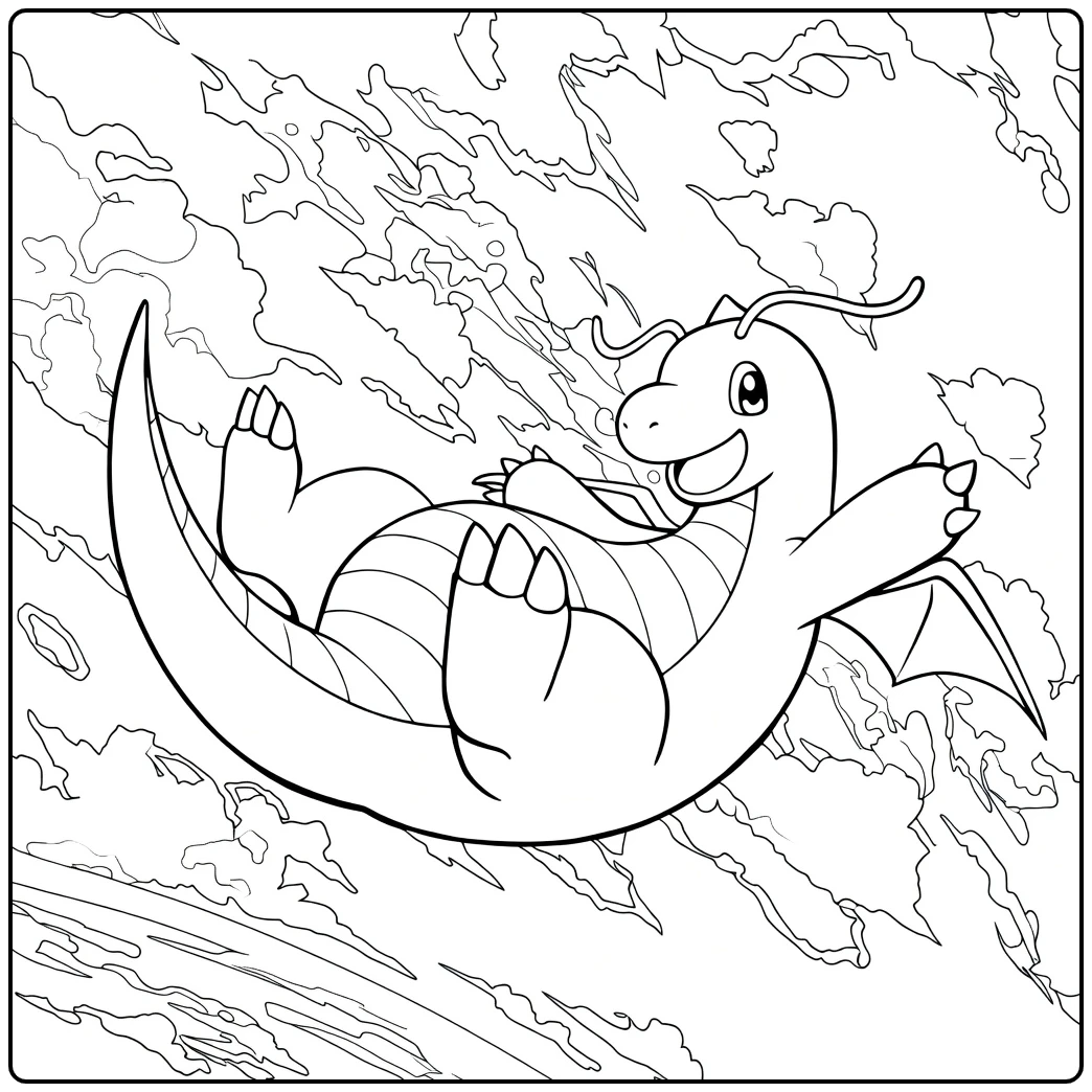 Dragonite Kleurplaat van een reptielachtig wezen dat glijdt over woelige golven met uitgestrekte ledematen