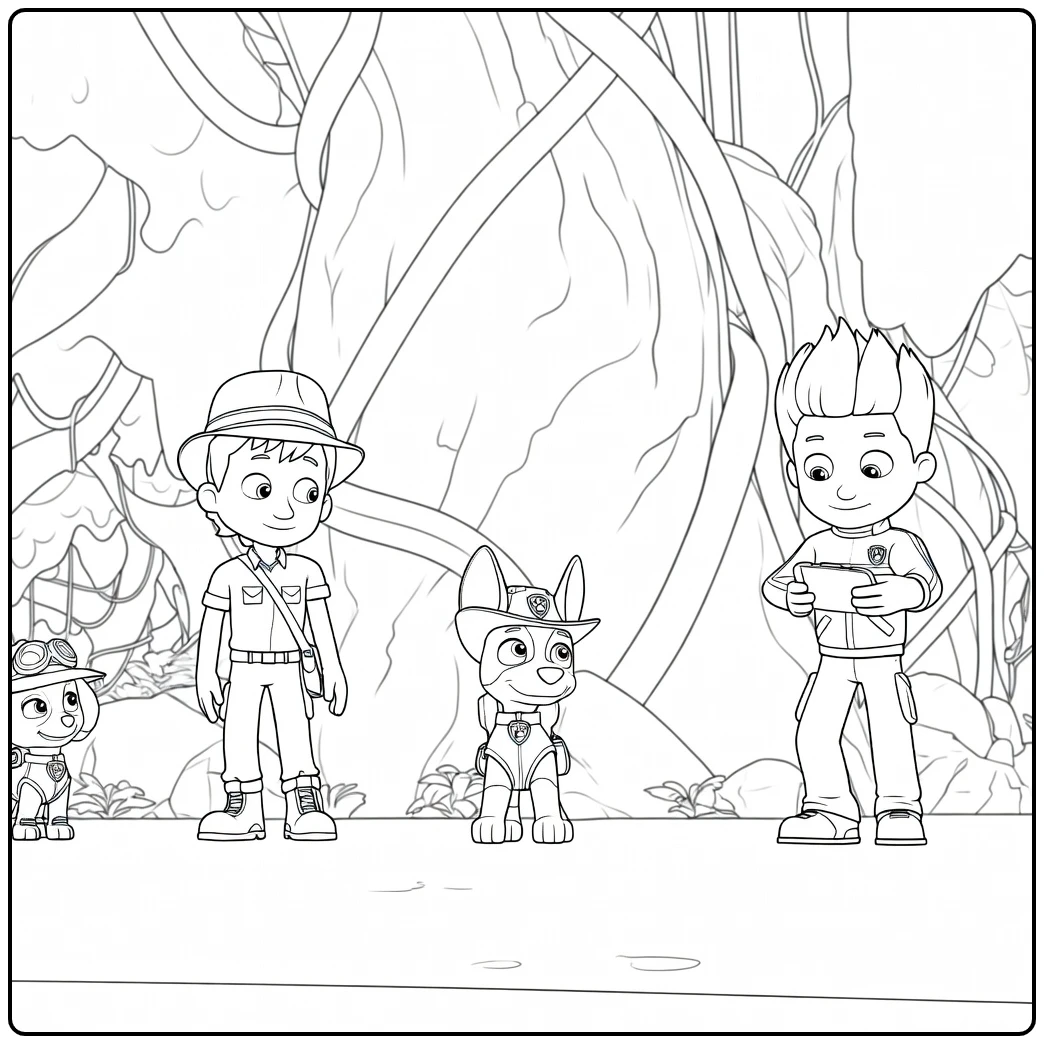 Paw Patrol Seizoen 8 Kleurplaat met vier personages bij een grote boom en een tablet in de hand