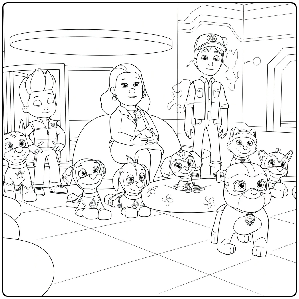 Paw Patrol Seizoen 11 Kleurplaat met een jongen, vrouw met vogel en man tussen honden in verschillende poses