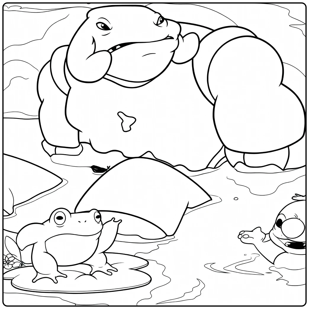 Captain Gantu Kleurplaat met een groot wezen dat over het water leunt, een kikker op een lelieblad en een klein dier dat peddelt.