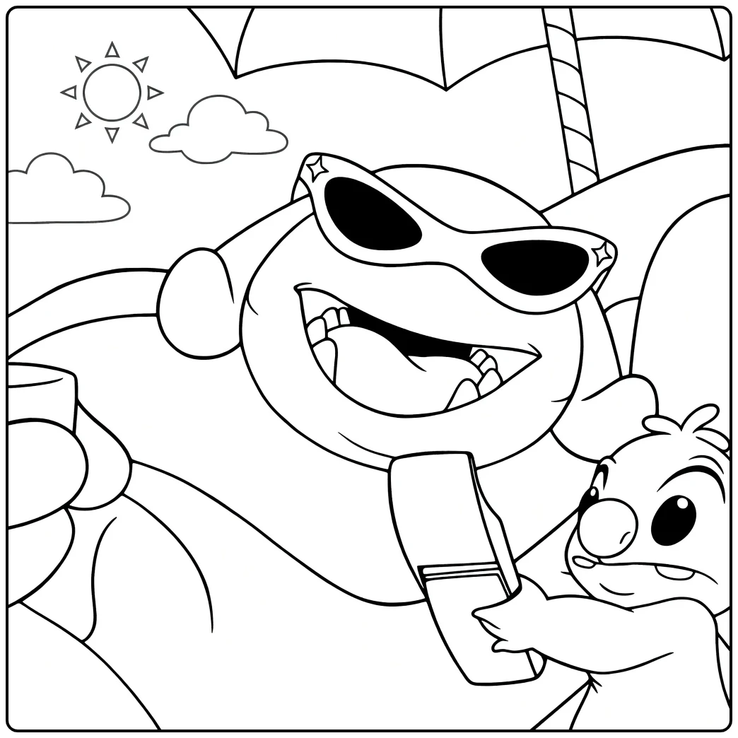 Captain Gantu Kleurplaat met een groot bulkkig wezen met bril en een klein vosachtig dier met rode telefoon