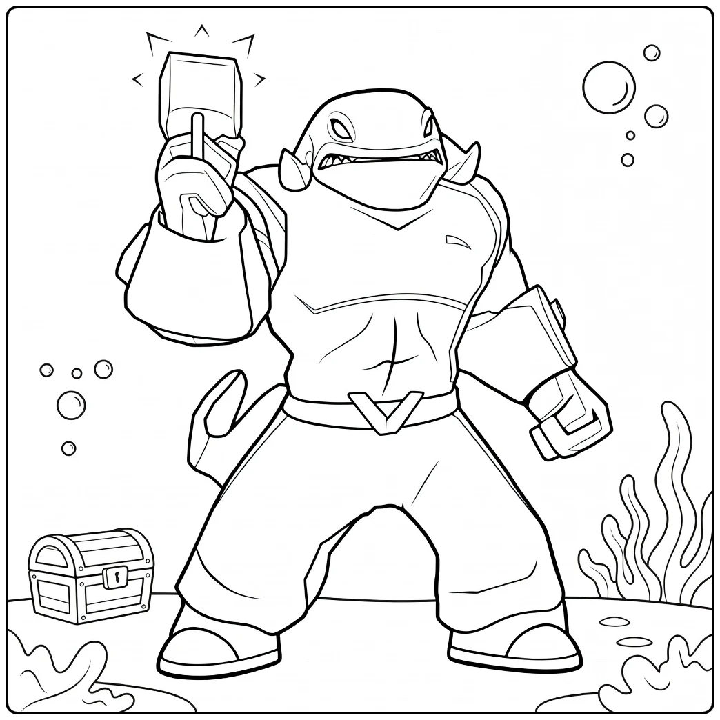 Captain Gantu Kleurplaat van een gespierde haaihoofdige humanoid in harnas die een rechthoekig object optilt