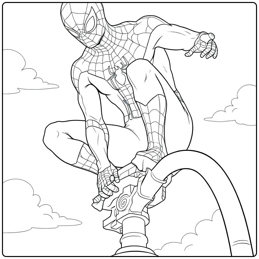 Spiderman Kleurplaat met een gemaskerde held die hurkt op een gebogen pijp en één arm uitstrekt