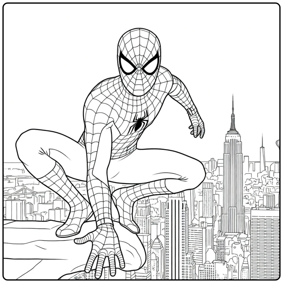 Spiderman Kleurplaat van een gemaskerde held die hurkt op een hoge richel boven de skyline
