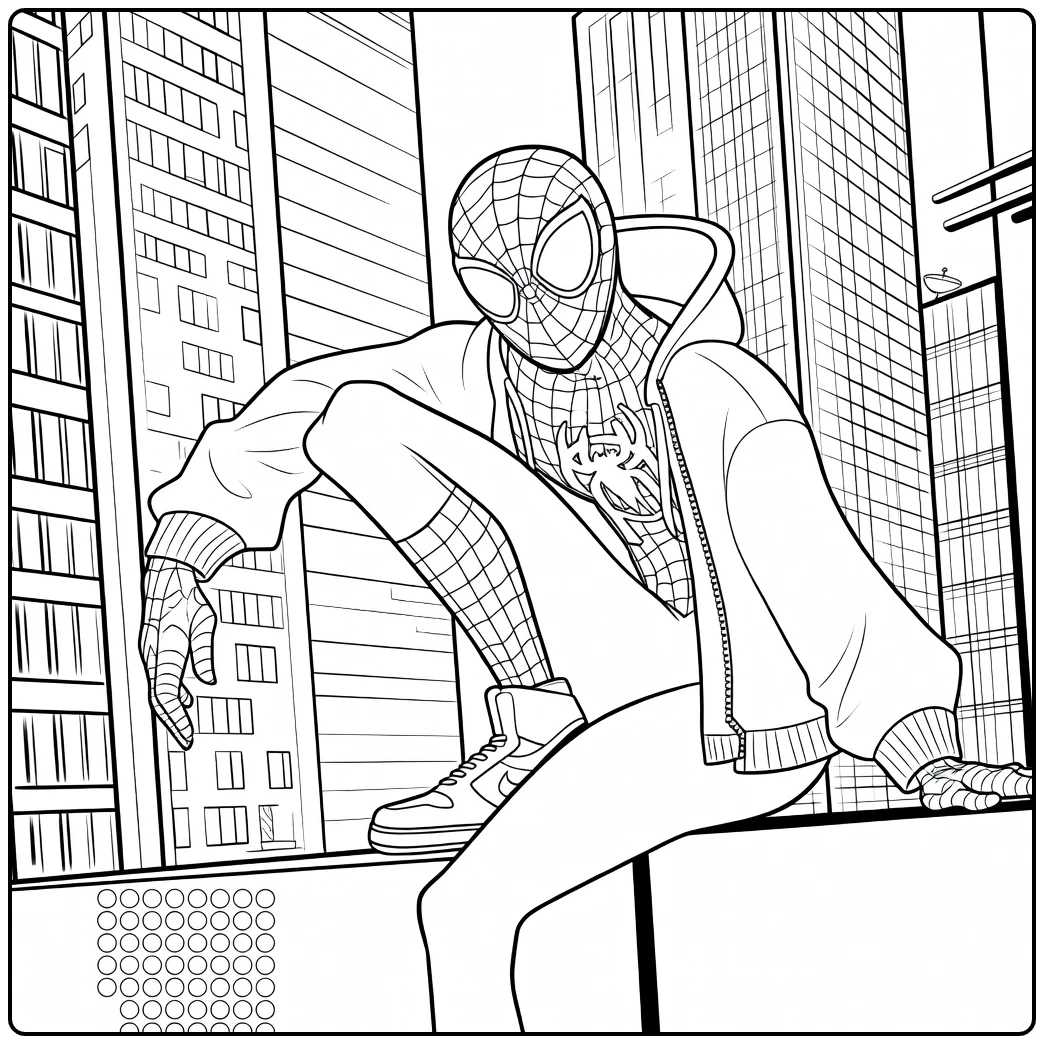 Spider Man Across the Spider Verse Kleurplaat van een gemaskerde figuur die hurkt op een richel met wolkenkrabbers op de achtergrond