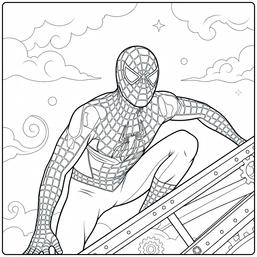Spiderman Kleurplaat met een gemaskerde held in een strak pak met webpatroon die hurkt op metalen balken