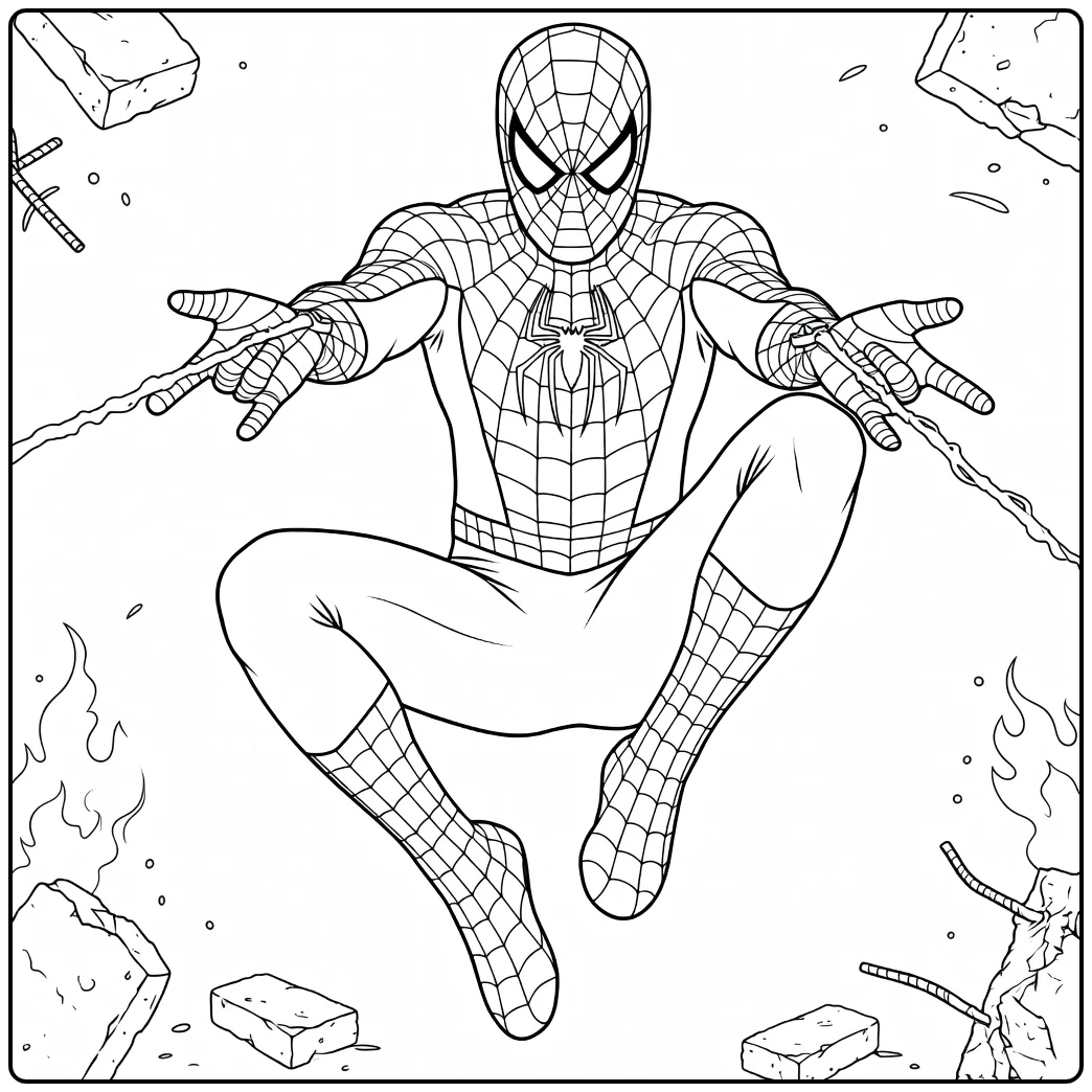 Spiderman Kleurplaat met een held die springt en webstrengen schiet