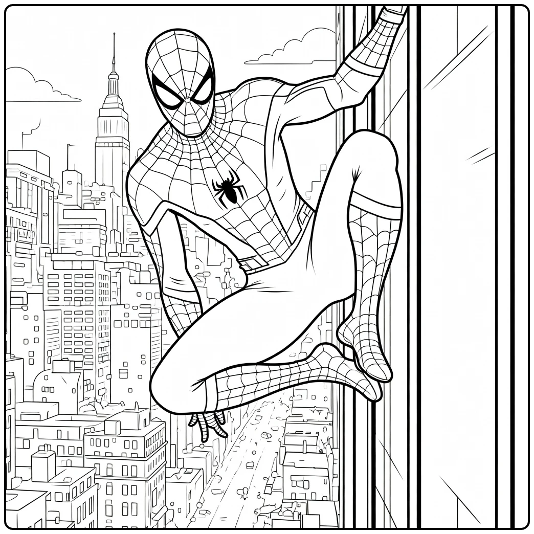 Spiderman Kleurplaat met een held die zich vastklampt aan een glazen wolkenkrabberwand
