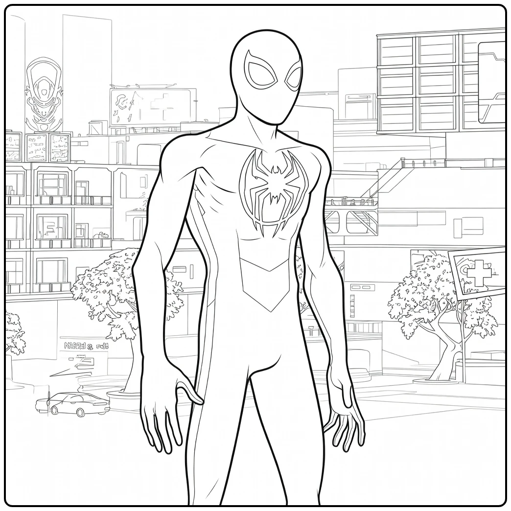 Spider Man Across the Spider Verse Kleurplaat van een held in strak pak voor futuristische gebouwen en bloeiende bomen