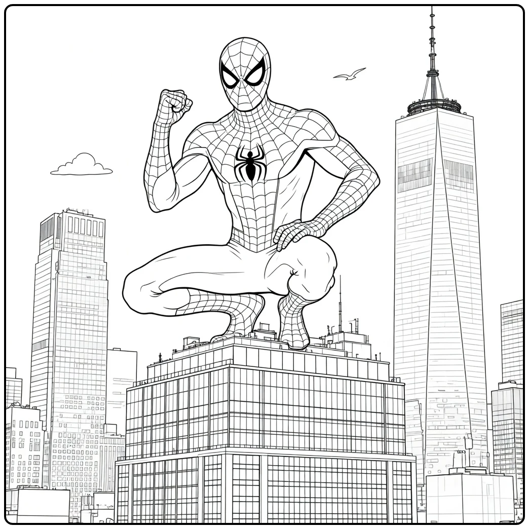 Spiderman Kleurplaat van een held die hurkt op een richel met vuist omhoog en skyline achter hem