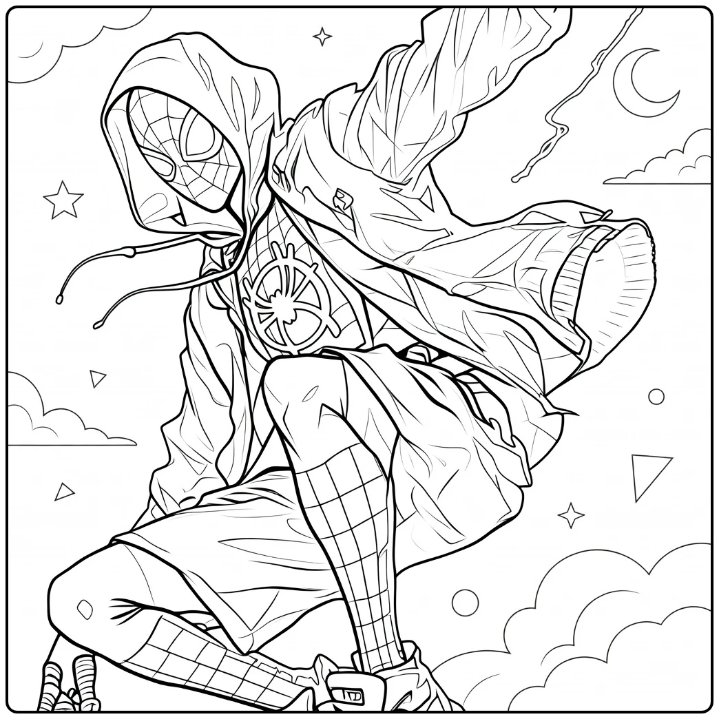 Spider Man Across the Spider Verse Kleurplaat van een gemaskerde held in dynamische sprong met cape