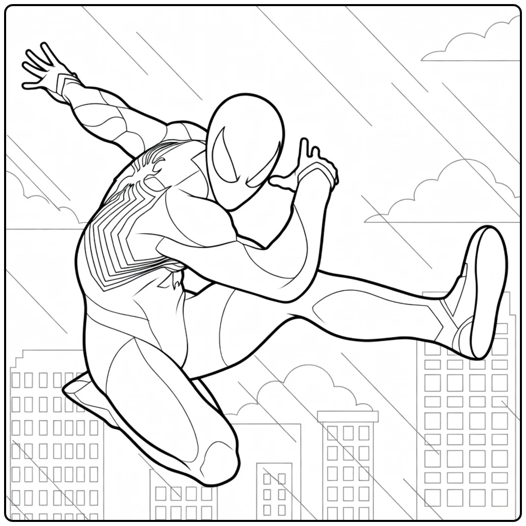 Spiderman Kleurplaat van een gemaskerde held in dynamische sprong met witte spin embleem