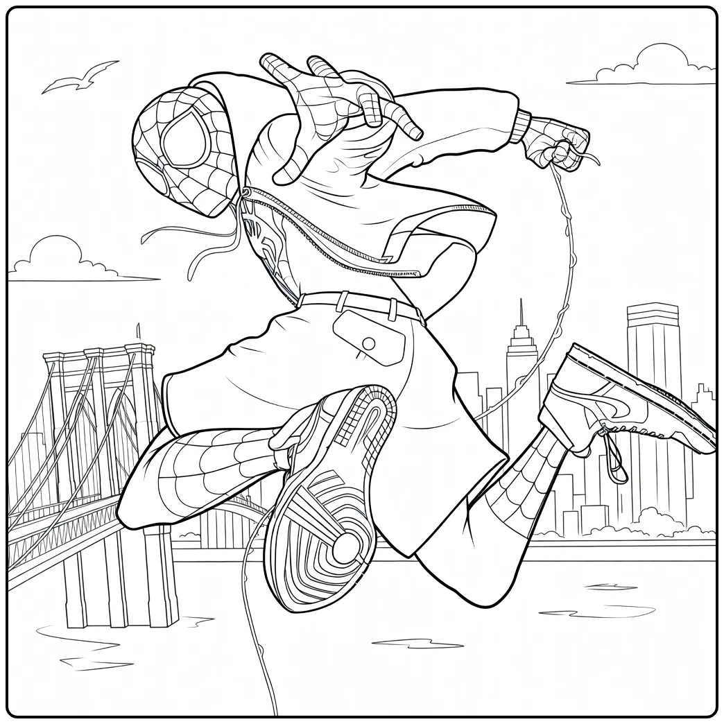 Held met masker en webpak springt dynamisch door de lucht met skyline op de achtergrond Spider Man Across the Spider Verse Kleurplaat