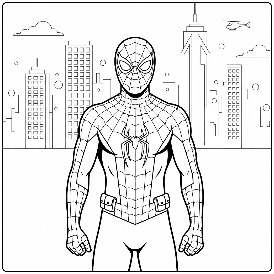 Spider Man Brand New Day Kleurplaat met een gespierde held in webpak en masker voor een skyline