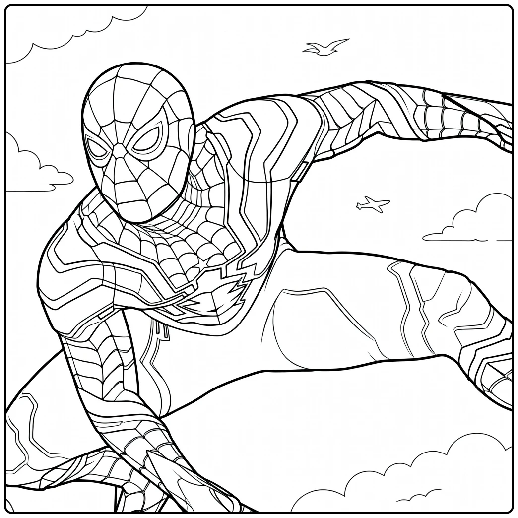 Spiderman Kleurplaat van een maskerfiguur in dynamische sprong met uitgestrekte arm en webpatroon op het pak