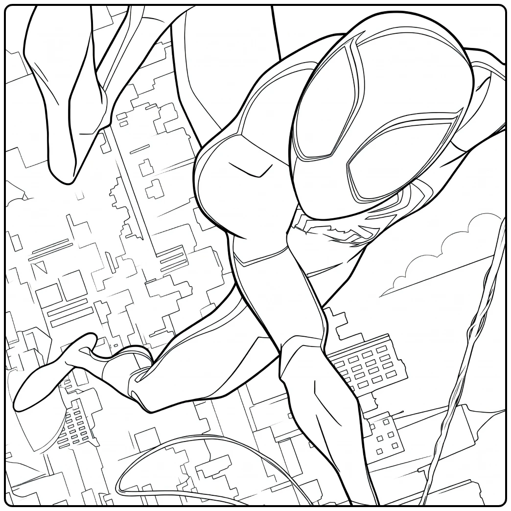 Spider Man Across the Spider Verse Kleurplaat met een gemaskerde held in swingende pose boven een stadsgezicht.