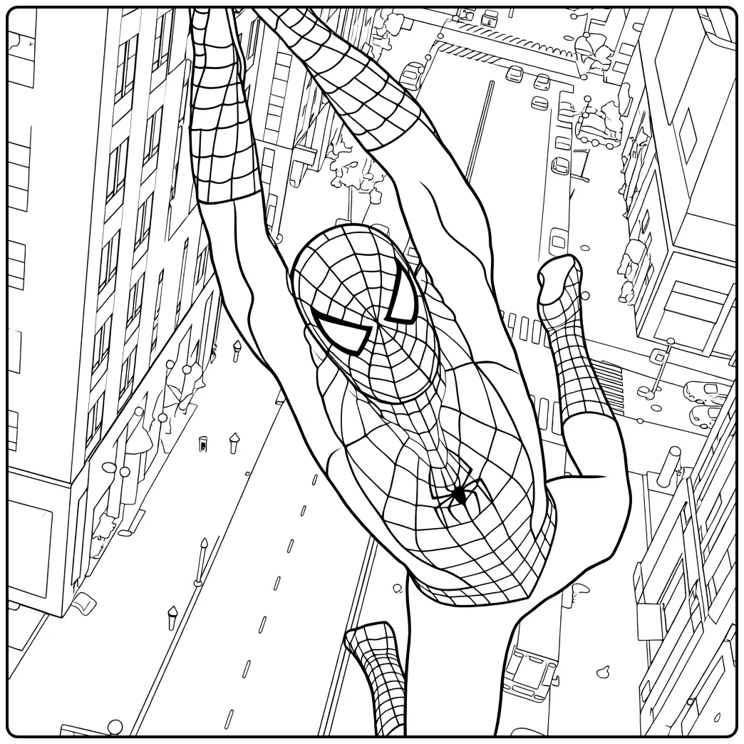 Spiderman Kleurplaat van een atletische held die swingt aan weblijnen boven de stad