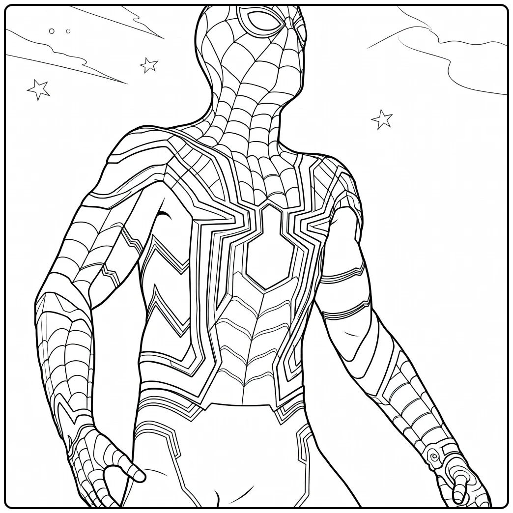 Spiderman Kleurplaat met een gespierde held in een gepantserd pak met webpatroon, staand met hoofd omhoog.