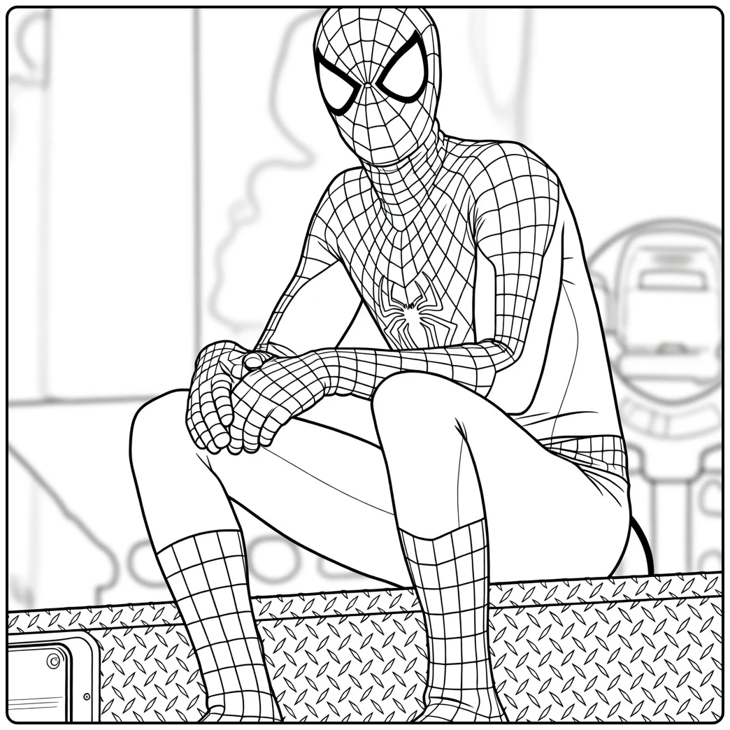 Zittende figuur in rood-blauw geruit pak met masker en witte ooglenzen Spiderman Kleurplaat