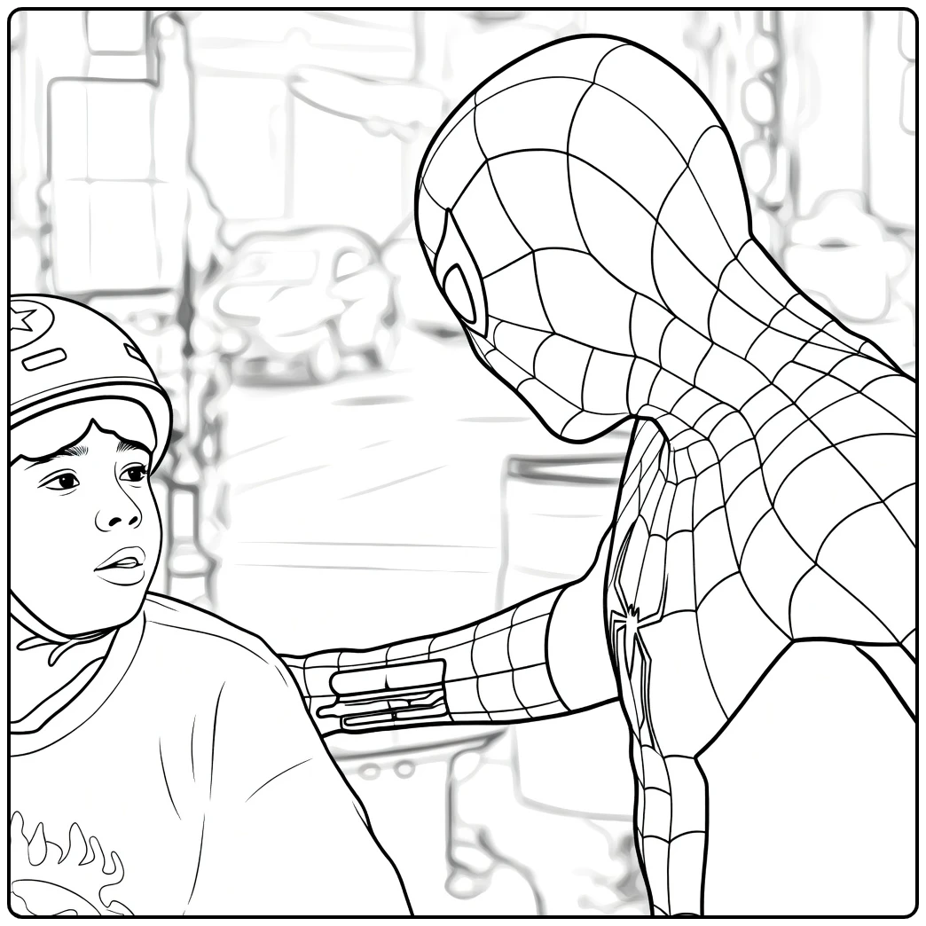 Spider Man Brand New Day Kleurplaat met een held in pak die naar een kind met helm leunt