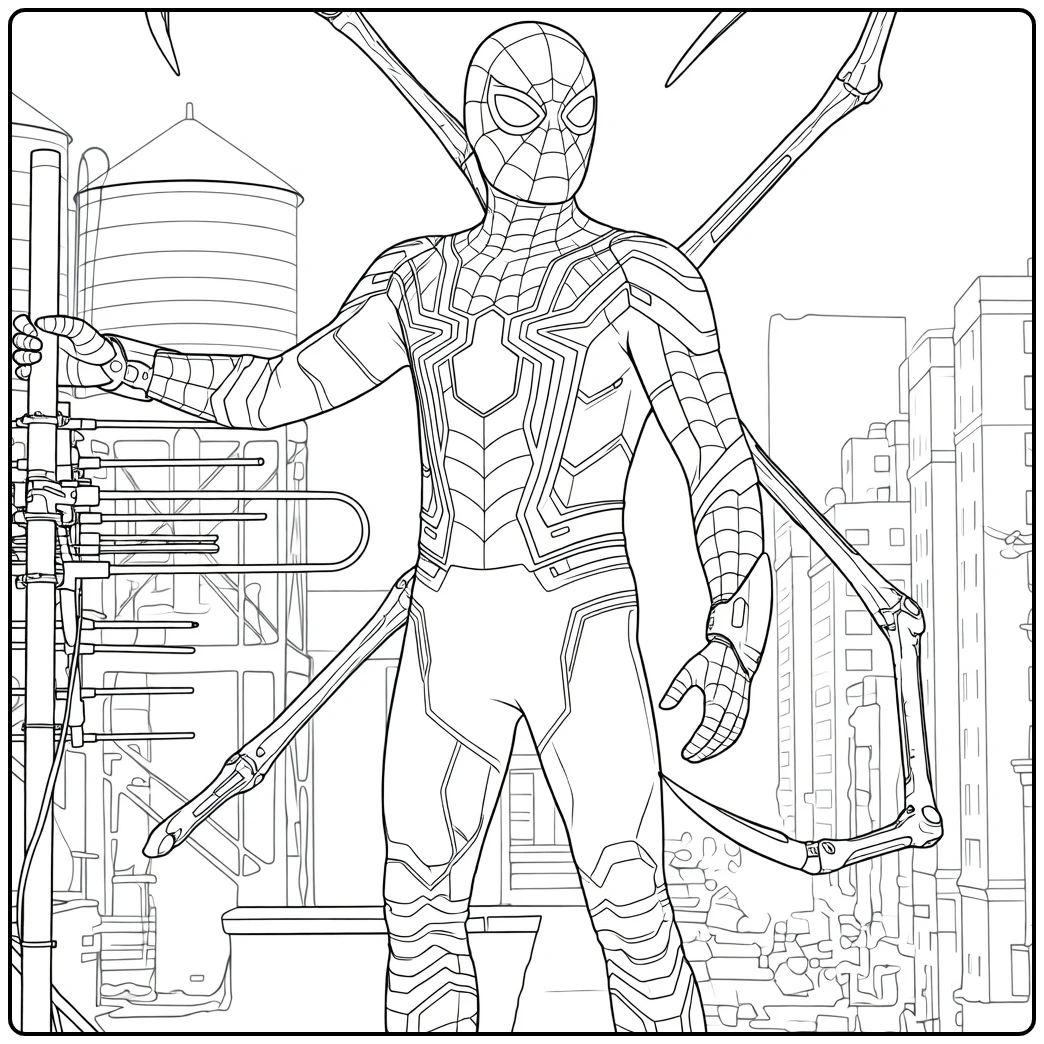 Spiderman Kleurplaat van een held met vier mechanische armen op een dak